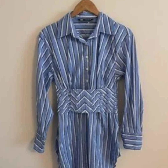 Zara Blue and White Striped Long-Sleeve Shirt Dress - Picture 4 of 6